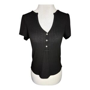 Project Social T Black Ribbed Henley Top Short Sleeve Womens Small